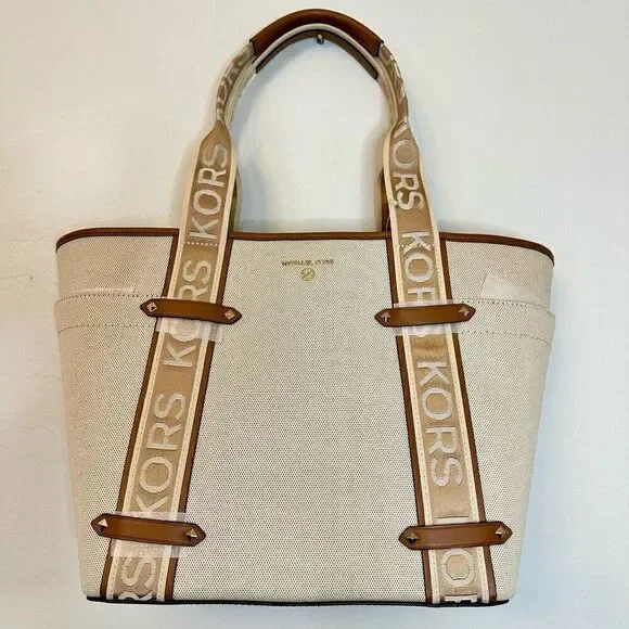 RARE NWT Michael Kors Maeve Large Open Tote Canvas Double Handles Handbag Cream - Picture 6 of 10